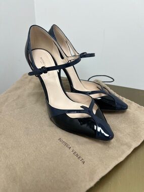 Bottega Veneta Navy Patent Leather Pointed Mary Jane Pumps